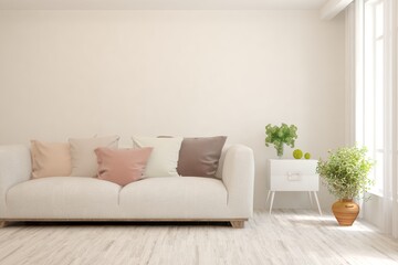 White living room with sofa. Scandinavian interior design. 3D illustration