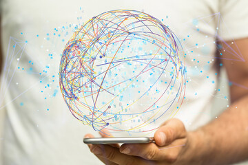 Augmented Analytics Data cloud storage network from lines, triangles and particle style design....