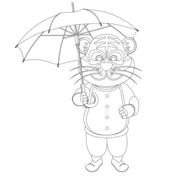 Tiger with an umbrella. Vector illustration of a cartoon symbol of the year 2022 tiger coloring book.