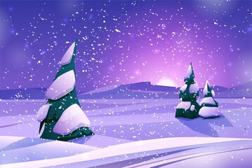 Mountain winter landscape with snowy trees, moon and stars. Snowy night. Vector cartoon illustration