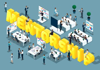 Isometric cartoon people vector, 3D businessmen, concept of training staff, coach teaches, staff at lecture, great word mentorship vector illustration