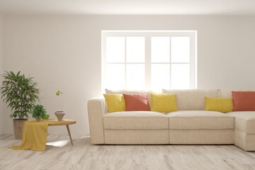 White living room with sofa. Scandinavian interior design. 3D illustration