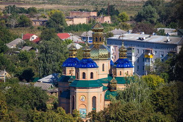 Fototapeta na wymiar Beautiful church of the Holy Kazan Mother of God in Chyhyryn city, Cherkasy region, Ukraine. Historical city in central Ukraine and a former Hetman residence. Soft selective focus