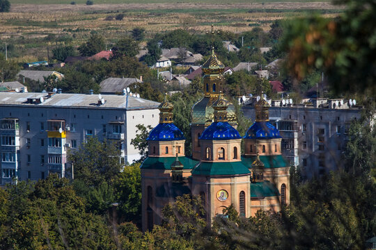 Amazing top view on the church of the Holy Kazan Mother of God in Chyhyryn city, Cherkasy region, Ukraine. Historical city in central Ukraine and a former Hetman residence. Soft selective focus