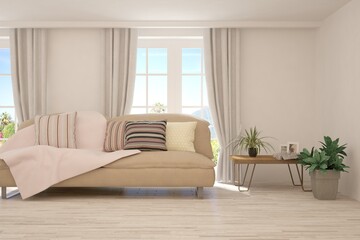 White living room with sofa. Scandinavian interior design. 3D illustration