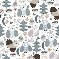 Seamless pattern with cartoon owls, flowers, tree. Flat style colorful vector illustration for kids. hand drawing. baby design for fabric, textile, print, wrapper.