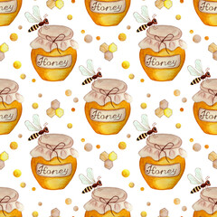 Watercolor painting pattern honey jar, bees and honeycomb. Seamless repeating honey, sweet print for kids design. Healthy food isolated on white background. Drawn by hand.