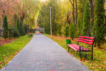 Park alley with a paved walkway and wooden benches