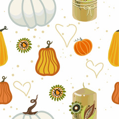 Seamless autumn pattern with attributes of Thanksgiving Day, fancy candle, pumpkins, hearts.