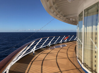White luxury cruiseship cruise ship liner Silver Shadow on blue sea with panoramic seascape ocean...