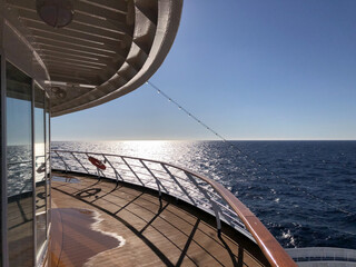 White luxury cruiseship cruise ship liner Silver Shadow on blue sea with panoramic seascape ocean...