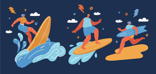 Vector illustration of sexy surfer girl on the beach at sunset over dark backround