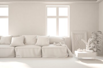 White minimalist living room with sofa. Scandinavian interior design. 3D illustration