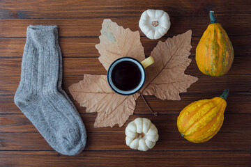 Autumn flat lay with a cup of hot drink, orange gourds, white mini pumpkins, dry maple leaf and warm wool socks on wooden rustic background.