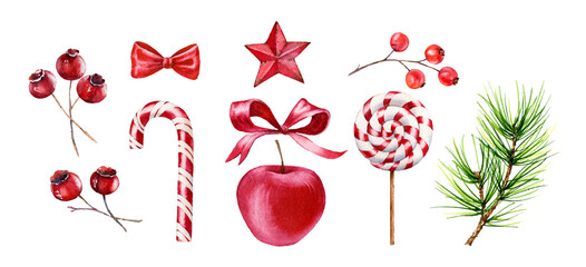 Watercolor Christmas set. Hand painted illustration collection with lollypop, candy cane and red apple. Holly berries, pine tree and festive decor. Art for winter holidays