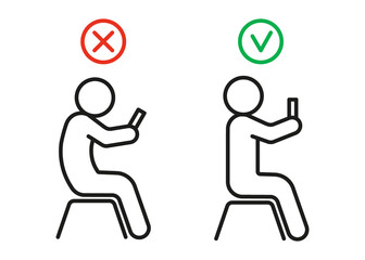 Incorrect tension and correct health posture seat with phone. Health preservation rules. Avoid poor posture, vision and spine problems. Vector illustration - obrazy, fototapety, plakaty