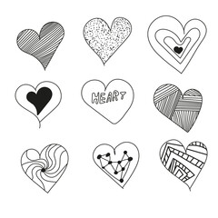 Set of hand drawing hearts. Black and white colors. Collection doodle abstract hearts