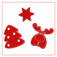 Christmas card with Christmas toys Christmas tree, star, elk. Red and white flat vector illustration isolated on white background.