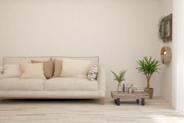White living room with sofa. Scandinavian interior design. 3D illustration