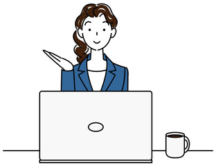 笑顔でパソコンの前に座り受付案内をしているスーツ姿の可愛い女性 イラスト ベクター