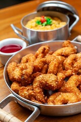 breaded sesame shrimp with sweet chinese sauce and rice