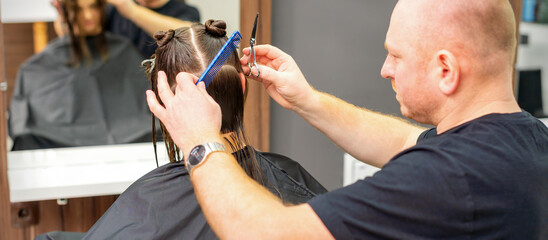 Male stylist cutting the hair of female client in professional beauty salon