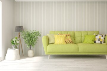 White living room with sofa. Scandinavian interior design. 3D illustration
