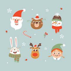 Christmas clipart set with Santa, girl elf, deer, snowman, rabbit, and bear. Vector collection