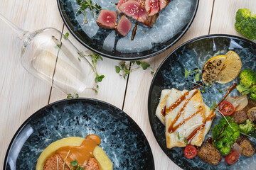 assorted seafood, tuna, fried squid, fish cutlet