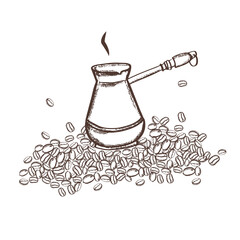 It's time to drink coffee. Coffee shop design concept. Turk for brewing coffee on the background of beans