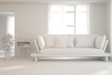 White minimalist living room with sofa. Scandinavian interior design. 3D illustration