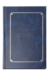 Fototapeta premium front view of blank book on white background. The book is blue with a gold border. Place for text 