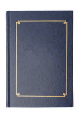 Fototapeta premium front view of blank book on white background. The book is blue with a gold border. Place for text 