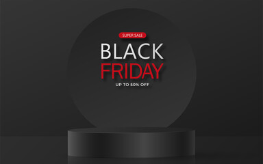 3d Round or square podium stage for Black Friday sale poster with black paper cut and craft style on color background for banner, poster or web site
