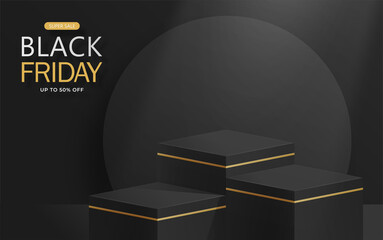 3d Round or square podium stage for Black Friday sale poster with black paper cut and craft style on color background for banner, poster or web site