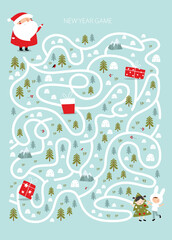 Print. New Year's maze. A game for children. Santa delivers gifts to children
