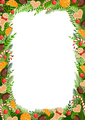 Christmas card made of natural pine, twigs, cones, garland, gingerbread men, sweets, cookies and dried orange for postcards, posters, banners. Illustration of Merry Christmas and New Year.