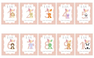 I'm one year old today - Baby Milestone card. Cute design with pink background and lion cub