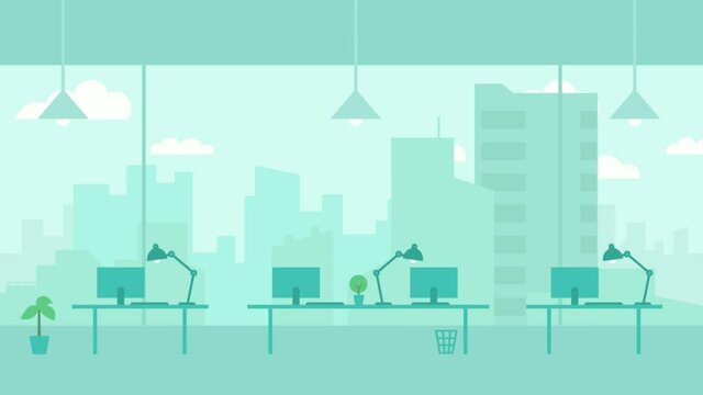 Office weekdays background. Looped video. View from the window to the city with clouds. Animation. Motion graphics.