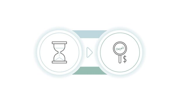 Business video infographics with two circles and icons. Animation timeline with 2 steps for diagram, flowchart, banner, presentations, web, content, levels, chart, graphic