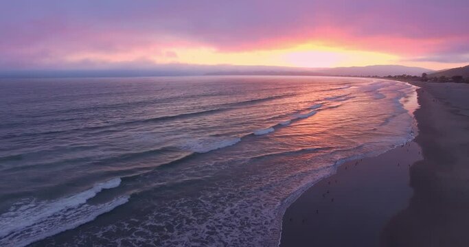 Aerial over a california beach at sunset, San Francisco
