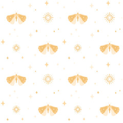Mystic butterflies seamless pattern. Boho background. Beautiful and elegant minimal graphic illustration. Hand drawn insects, stars, linear sun. Celestial art.