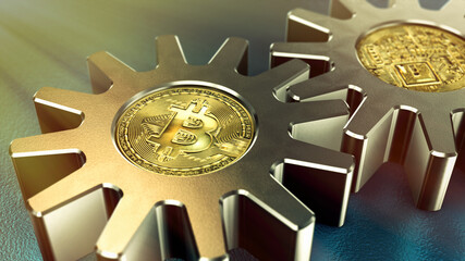 Decentralized cryptocurrency Bitcoin blockchain symbol digital encryption network. Gears cryptoart abstract finance concept.