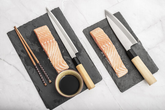 Salmon loins prepared for sushi and shashimi cutting.