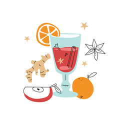 Mulled wine with ingredients. Flat design poster for winter menu.