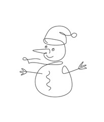 Snowman. One line, line art, outline.