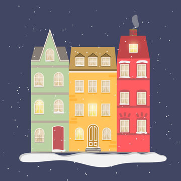 Cute Scandinavian snowbound houses. Color cartoon winter illustration. © Виолетта Ленько