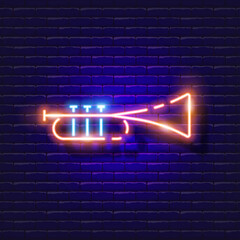 Trumpet neon icon. Music glowing sign. Musical instrument concept. Vector illustration for Sound recording studio design, advertising, signboards, vocal studio.