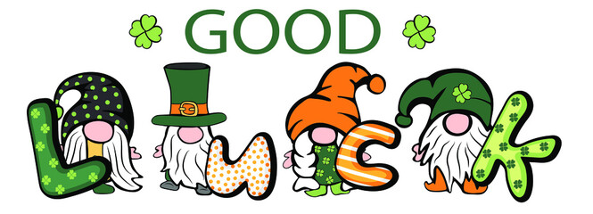 St. Patrick's Day Irish gnomes with good luck text. Cartoon vector Leprechauns illustration for cards, decor, shirt design, invitation to the pub.