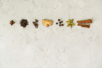 Ingredients for Indian masala tea on white background. High quality photo